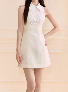 蕾丝珍珠无袖千金风连衣裙女2025夏季重工显瘦洋气短裙a字裙2087