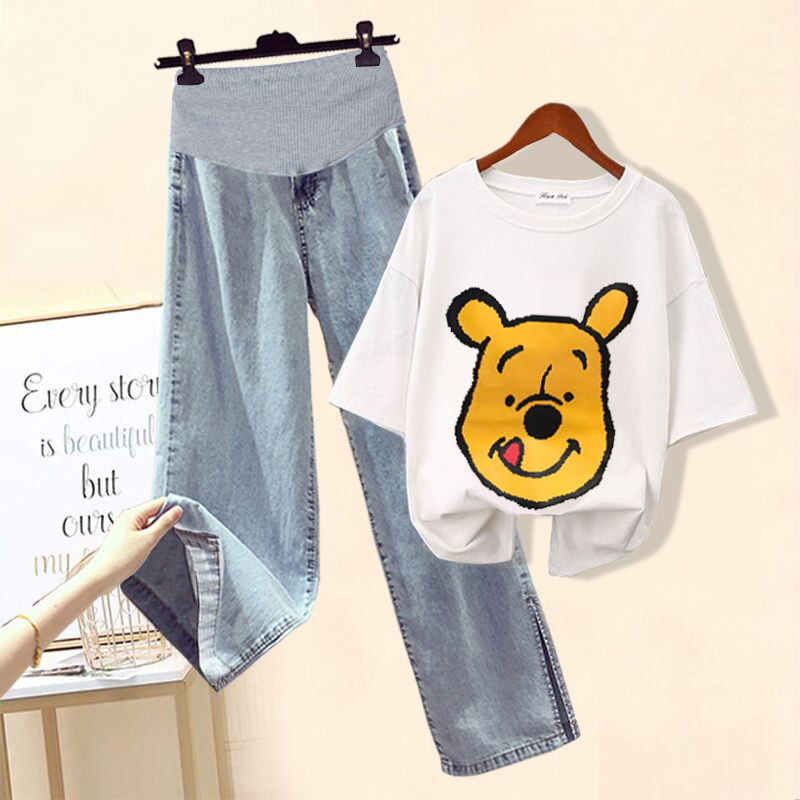 孕妇裤子潮妈春夏季薄款直筒冰丝阔腿牛仔裤外穿时尚套装产检宽松