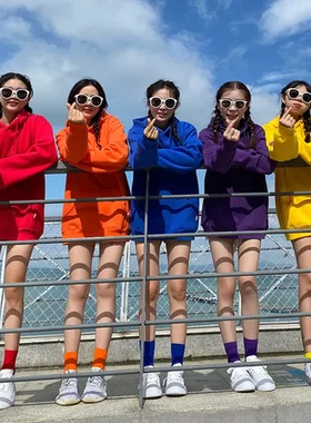 拍照宽松连帽卫衣旅游外套纯色情侣班服糖果闺蜜装女姐妹彩色团体