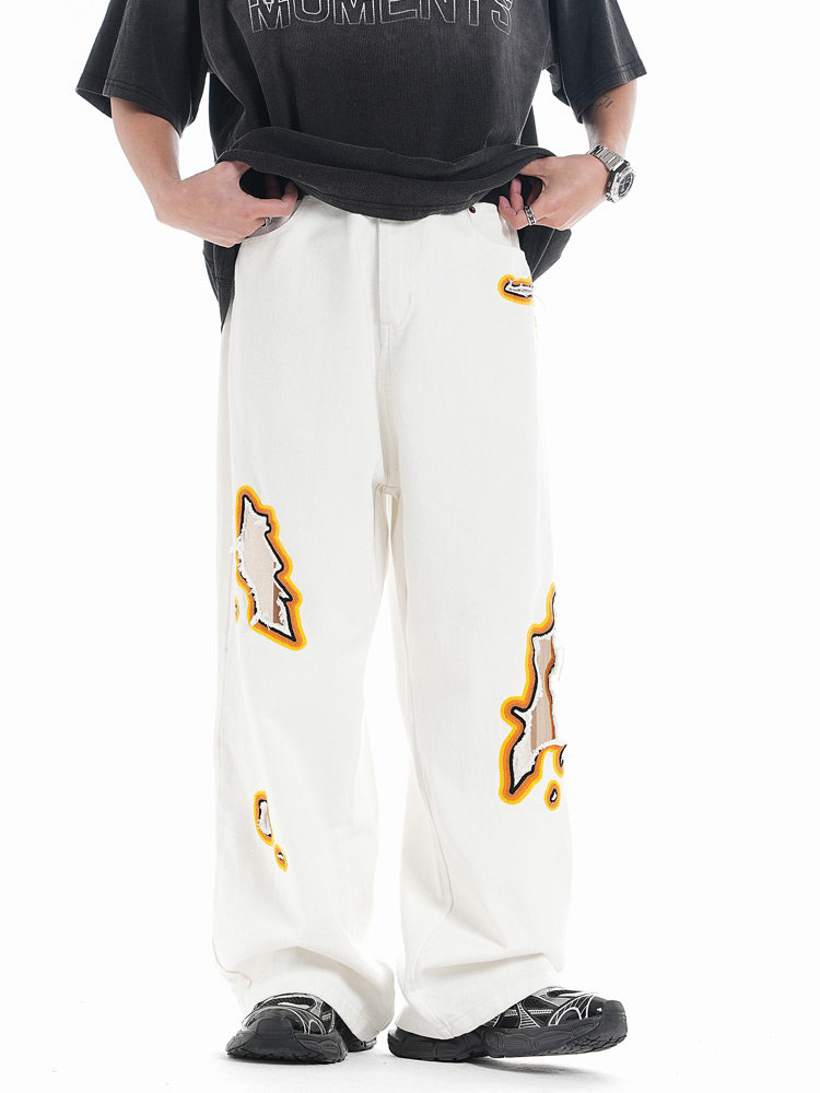 JEANS MENS AND WOMENS TIDE EUROPEAN AND AMERICAN RETRO WASHED RIPPED EMBROIDERY NICHE DESIGN SENSE LOOSE STRAIGHT MOP TROUSERS