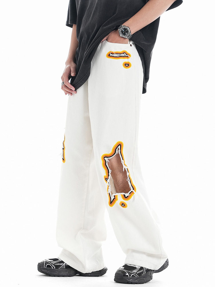 JEANS MENS AND WOMENS TIDE EUROPEAN AND AMERICAN RETRO WASHED RIPPED EMBROIDERY NICHE DESIGN SENSE LOOSE STRAIGHT MOP TROUSERS