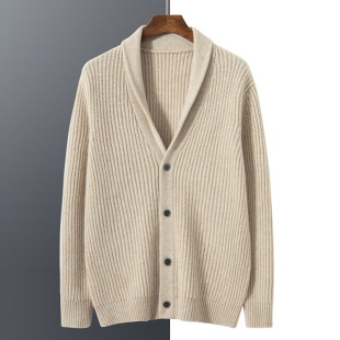 100纯山羊绒男士青果领提花加厚麻花重工开衫长袖打底衫针织毛衣