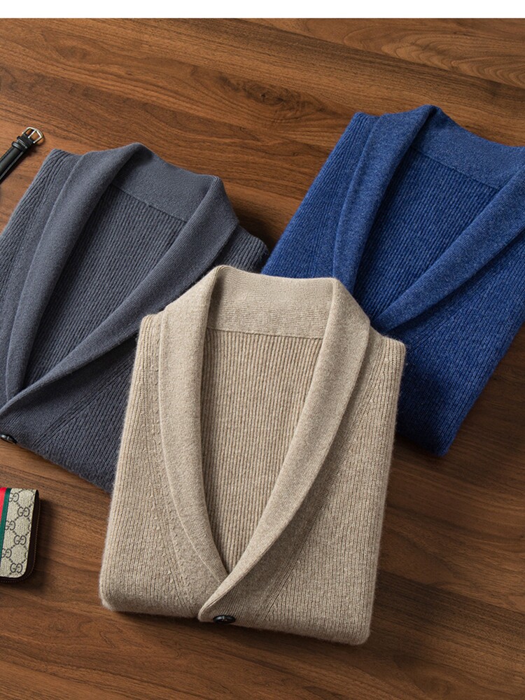 ORDOS 캐시미어 남성용 녹색 과일 칼라 자카드 두꺼운 트위스트 카디건 스웨터 니트 긴팔 바닥 셔츠