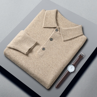 羊毛t恤商务 polo领衬衣重磅加厚宽松翻领长袖 A类100%山羊绒衫 男士