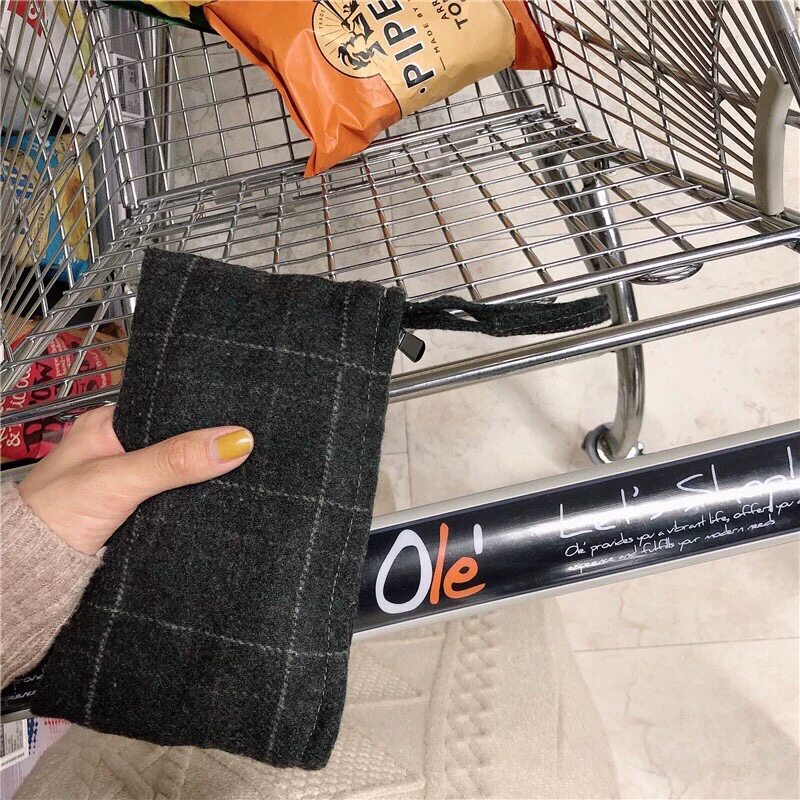 韩版布艺格子校园手提袋现货