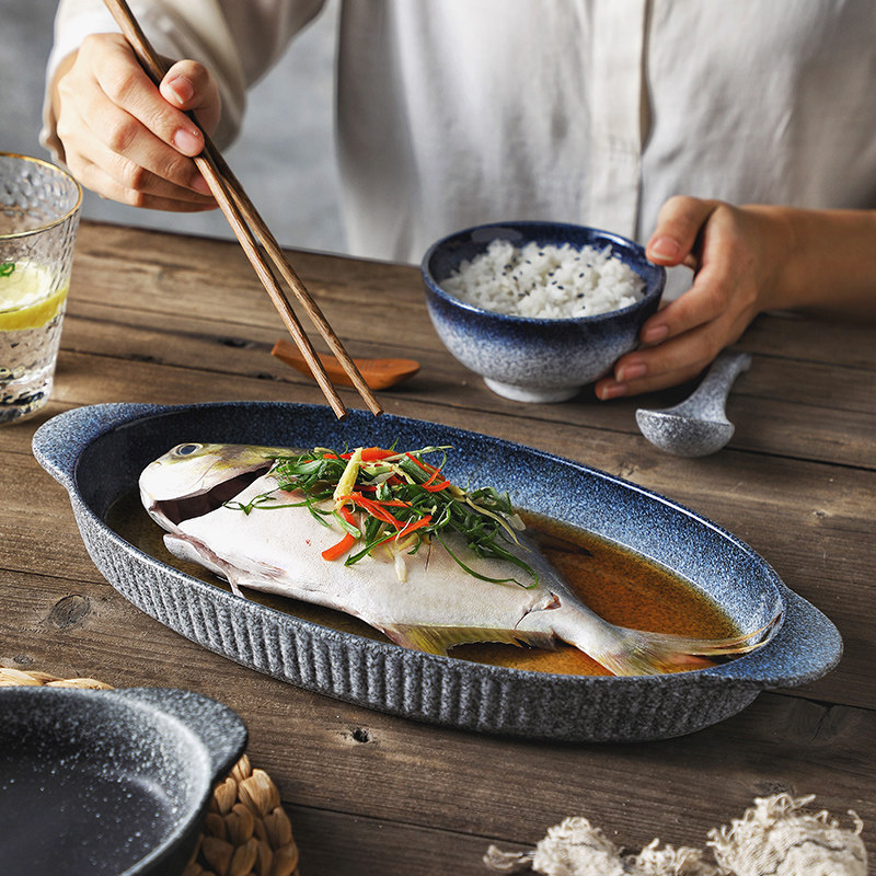 双耳旦形鱼盘日式清蒸鱼盘子复古风陶瓷餐厅酒店新款鱼盘家用大号,餐饮具,盘,淘宝优惠券,粉丝福利购,淘宝优惠卷