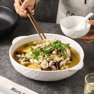 日式双耳陶瓷大汤碗家用酸菜鱼水煮肉片毛血旺专用盆石纹餐具商用