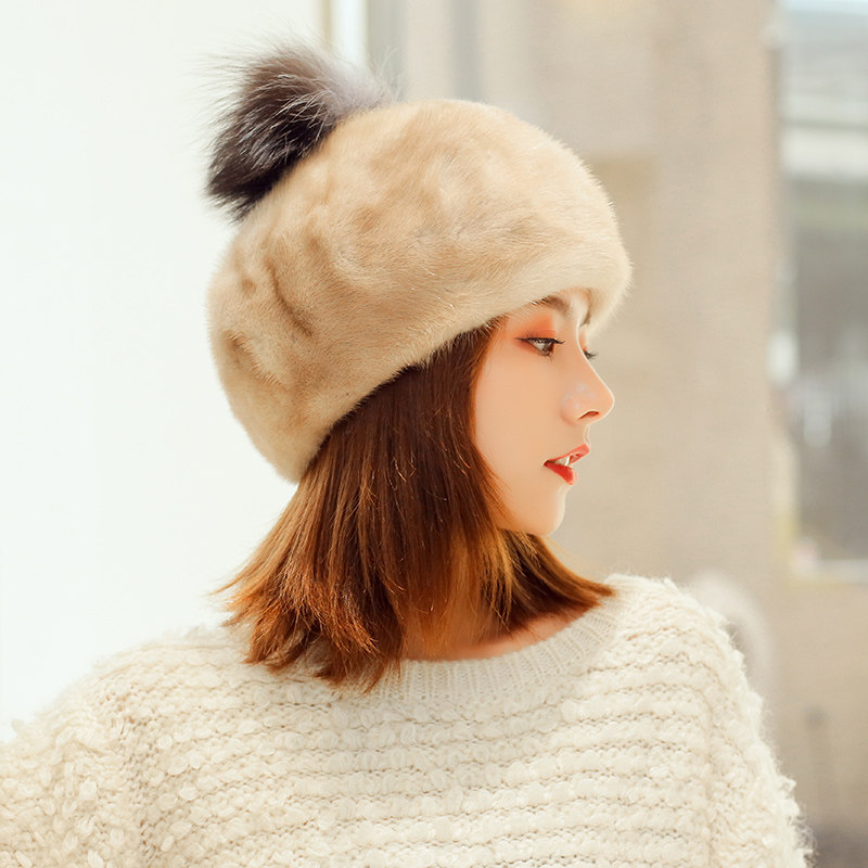 蓓蕾银狐毛球冬季水貂保暖女士皮草帽子 圆形真皮整貂貂皮贝雷帽