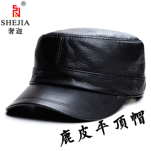 黑色鹿皮新款男士秋冬季薄款单平顶皮帽子 休闲真皮中青年鸭舌帽
