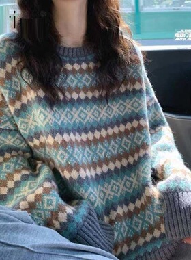 2025秋冬新款韩版宽松菱格毛衣女设计感小众针织衫复古休闲慵懒
