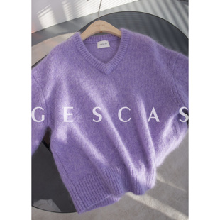 GESCAS秋冬 马海毛毛衣浅紫色V领套头经典百搭休闲气质上衣针织衫
