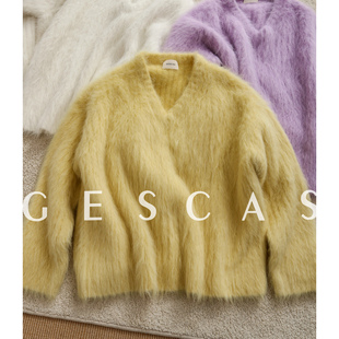 GESCAS 重磅580g慵懒毛衣羊驼毛毛衣羊驼绒V领坑条显瘦套头针织衫