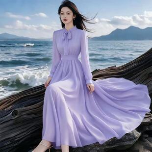 春夏新款长袖高腰雪纺连衣裙女法式旅游度假拍照飘逸超仙A型长裙