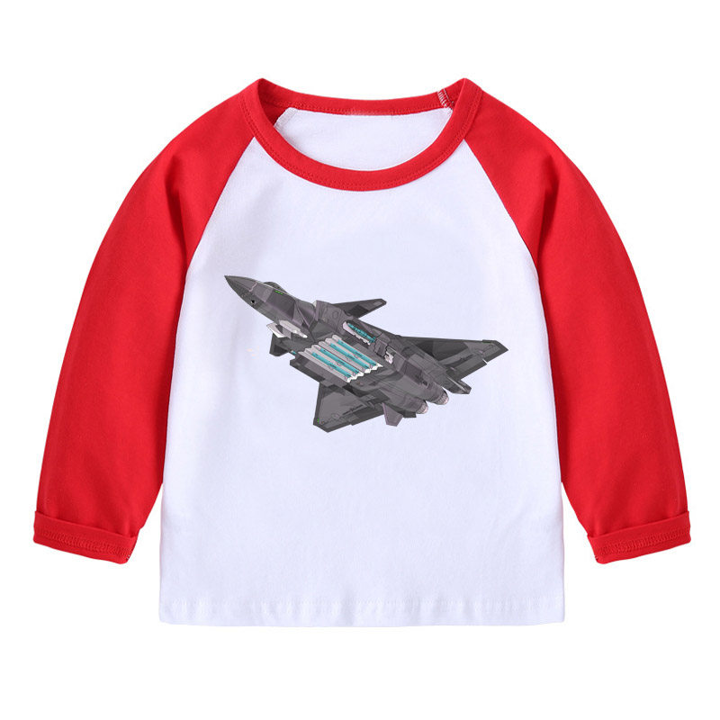 男孩宝宝战斗机T恤衣服 男童装春秋装中国飞机印花女生长袖亲子装