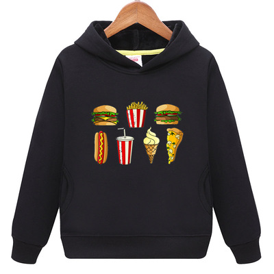 汉堡冰淇淋图连帽加绒衫黑色卫衣服装男童大红色女孩子外套头儿童
