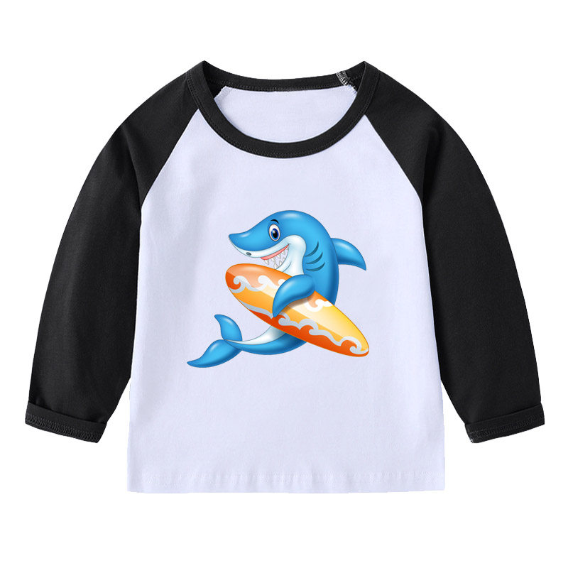鲨鱼图案儿童衣服纯棉海洋鲸鱼海豚螃蟹熊企鹅男宝宝长袖T恤春秋