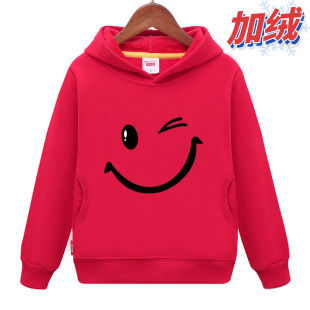 男童连帽套头卫衣卡通笑脸宝宝加厚外套女儿童加绒幼儿园服大红色