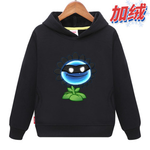 植物大战僵尸卫衣连带帽韩版潮服装男童女童中大儿童大红色青少年