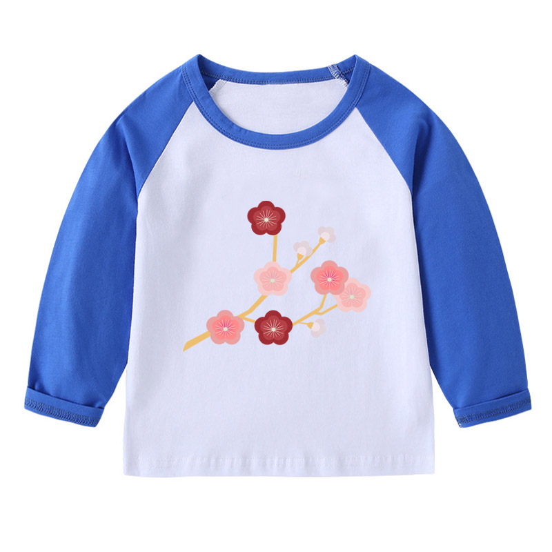 荷花长袖T恤衫黄色衣服装男童红色插肩袖女孩子套头儿童装圆领