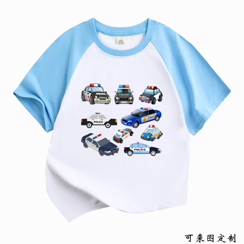 警车集合儿童装短袖T恤男孩小汽车迷女宝宝上衣服幼儿园亲子装4岁