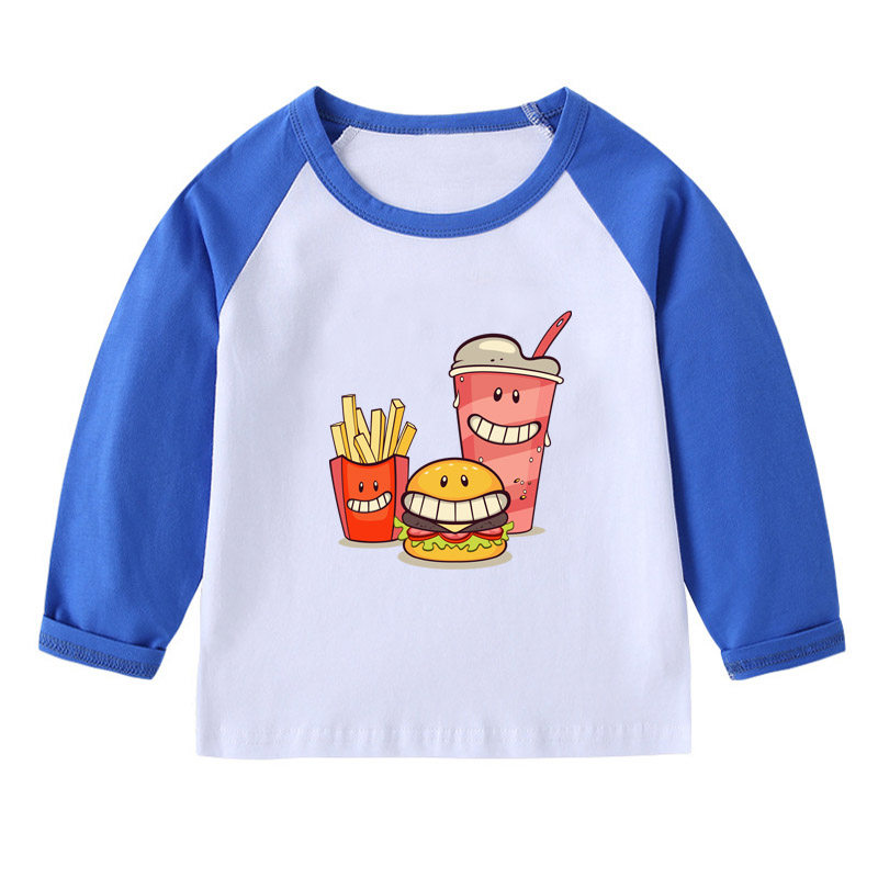 汉堡男童装蓝色长袖女孩红色T恤宝宝黄色上衣黑白拼接袖纯棉