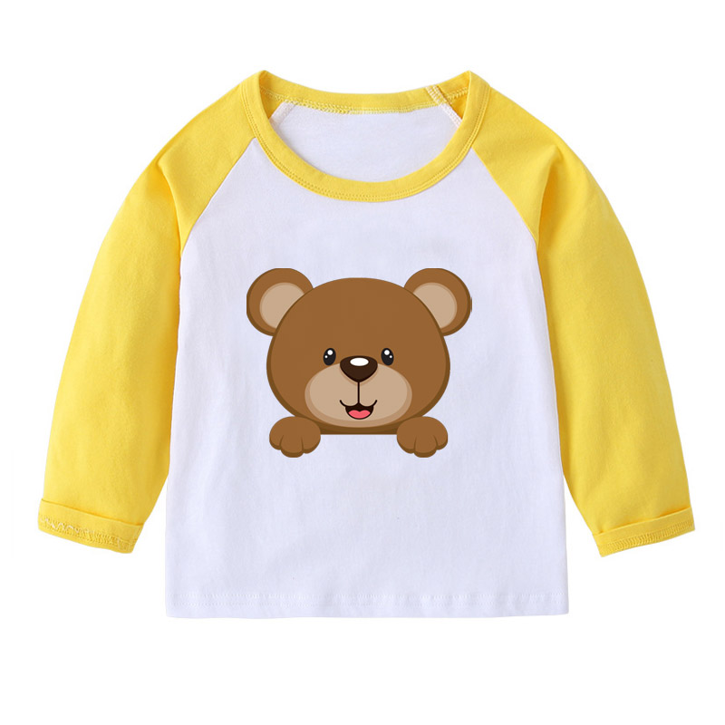 棕熊熊长袖T恤衫黄色衣服装男童红色插肩袖女孩子套头儿童装圆领