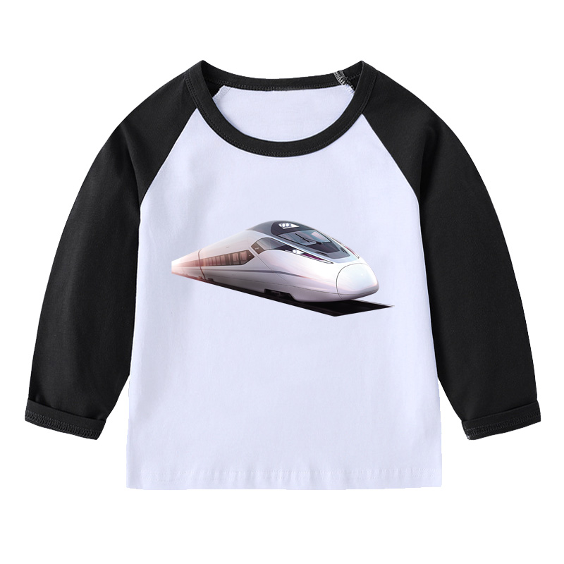 高铁火车动车图案衣服男孩长袖t恤女宝宝童装6岁春秋季运动打底衫