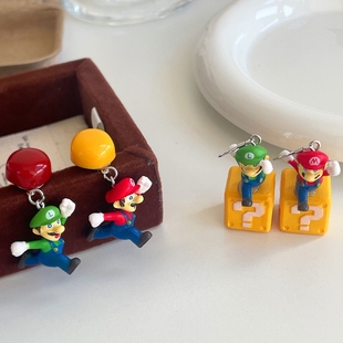 原创设计可爱卡通马里奥问号立体方块耳环耳夹耳饰趣味创意夸张