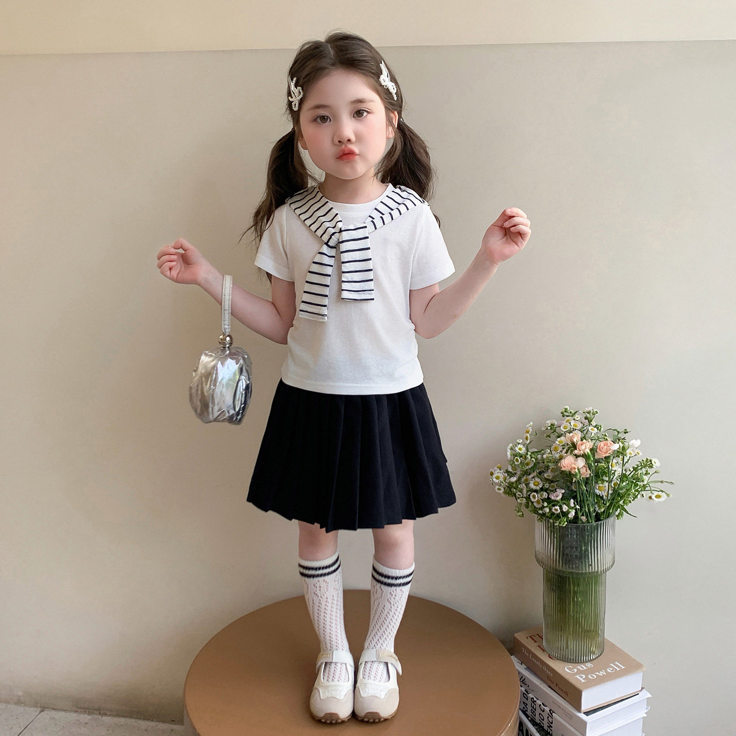 女童夏季套装2026新款洋气儿童条纹披肩短袖夏装休闲百褶裙两件套