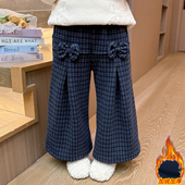 女童加绒阔腿裤 子 宝宝时髦宽松直筒裤 秋冬季 一体绒儿童休闲格子裤