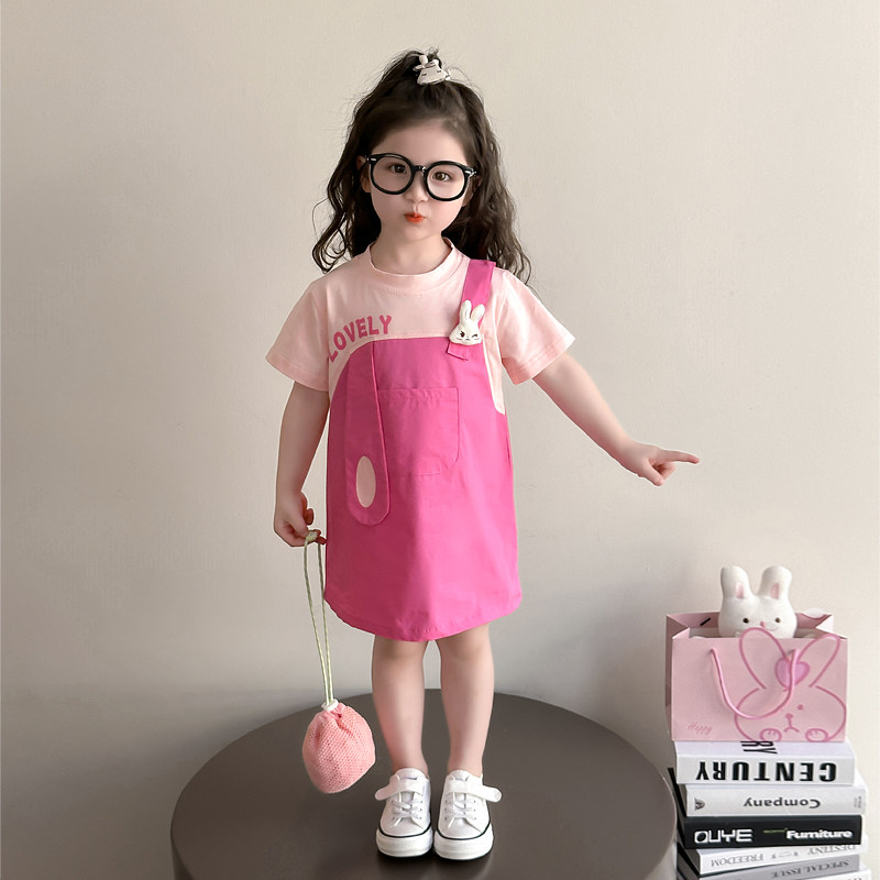 女童夏装连衣裙2025新款儿童T恤裙可爱宝宝夏季纯棉假两件背带裙