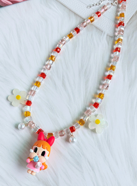 泡泡玛特蝴蝶结女孩水晶项链