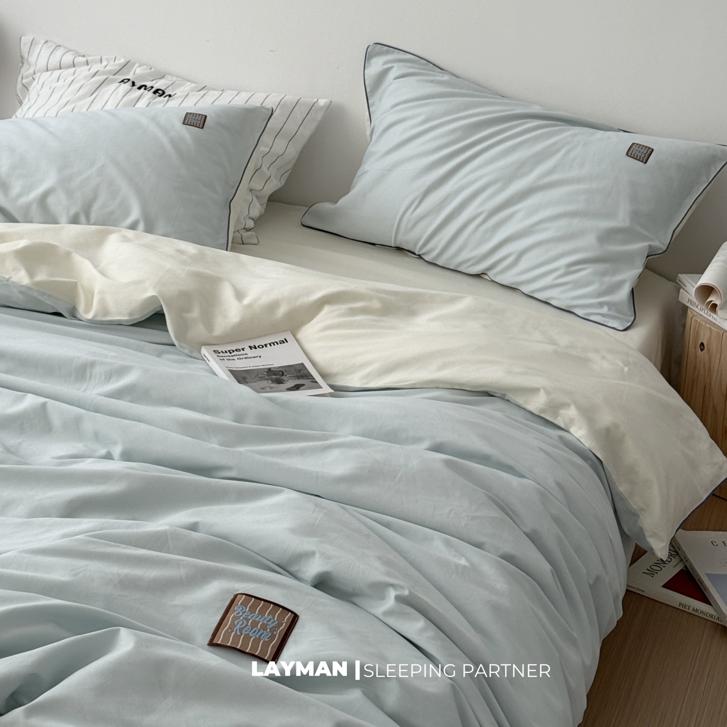 Layman外行 秋冬加厚保暖纯棉磨毛四件套多巴胺双拼简约被套床笠