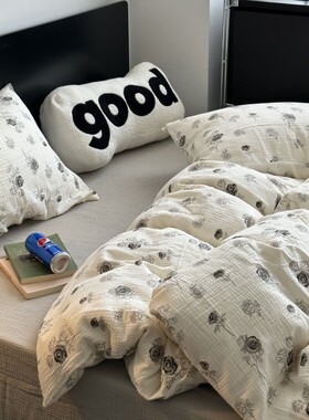 ins北欧小清新黑色玫瑰花双层皱皱纱四件套全棉纯棉裸睡超柔床品