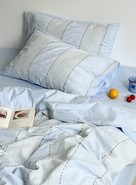 Layman外行 ins原创蓝色简约条纹纯棉提花华夫格四件套全棉水洗棉
