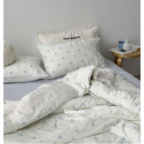 Layman外行 8.28新品#纯棉蓝色雪花柔软精梳棉提花床上四件套纯棉
