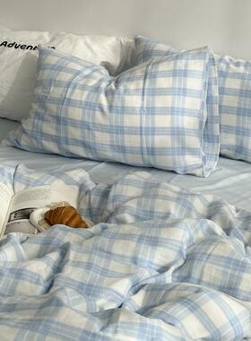 layman外行 ins格子清新纯棉双层纱四件套全棉裸睡纱布床单被套