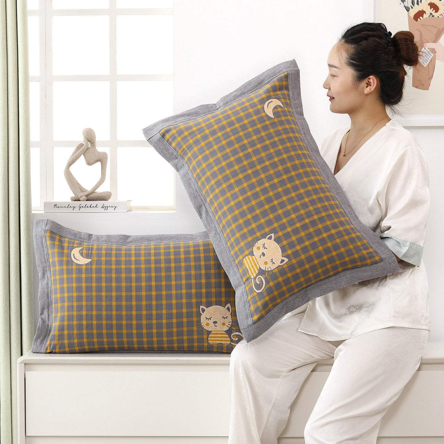 宽边纯棉纱布中号加厚枕套一对装透气吸汗枕头套40*60cm,床上用品,枕套,淘宝优惠券,粉丝福利购,淘宝优惠卷