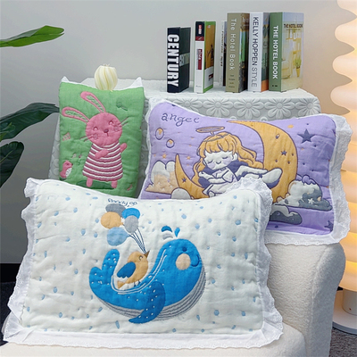 儿童枕巾40X60a类全棉纱布卡通幼儿园宝宝泡芙学生透气加厚枕头巾