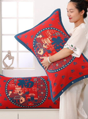 纯棉纱布大红色枕套一对装加厚枕头套成人枕芯内胆套透气吸汗家用