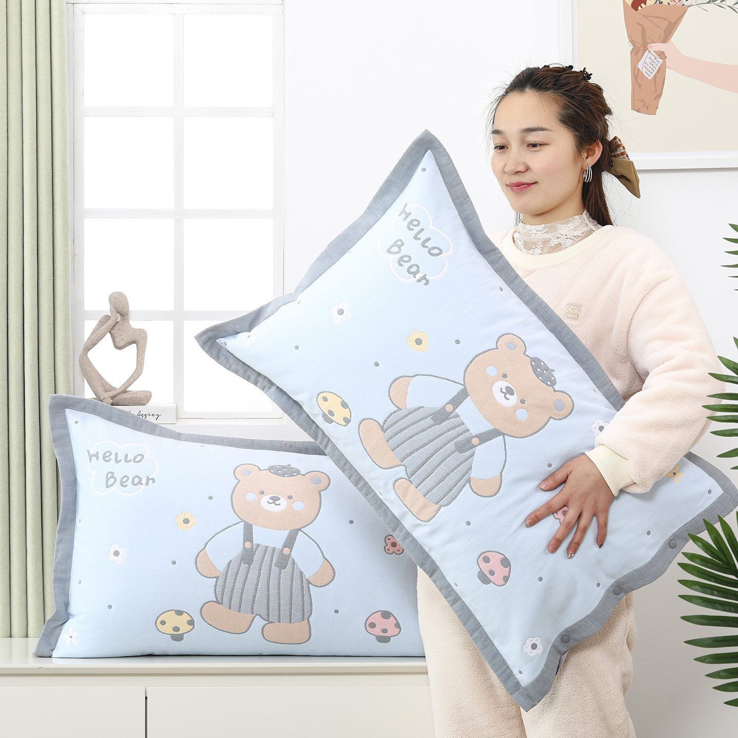 纯棉纱布2026新款全棉加厚成人家用按扣48x74cm枕头套吸汗透气