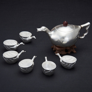 順欽銀樓S999純銀茶具鴻雁爾雅足銀茶壺茶杯套新中式 送長輩禮物