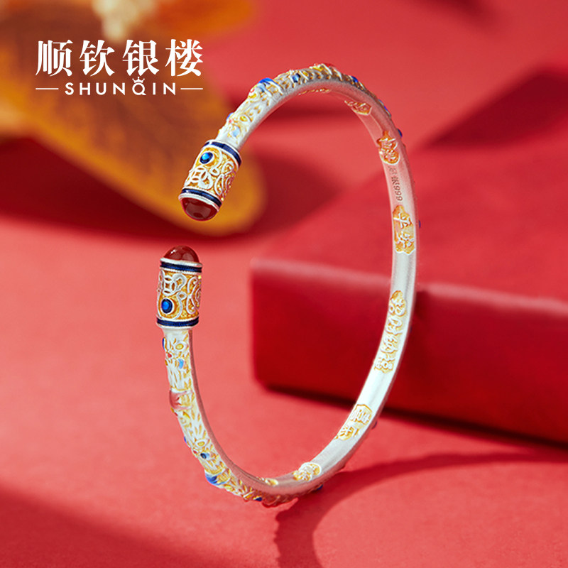 顺钦银楼S999纯银手镯女锦吉象手镯新中式国风送女友礼物纪念
