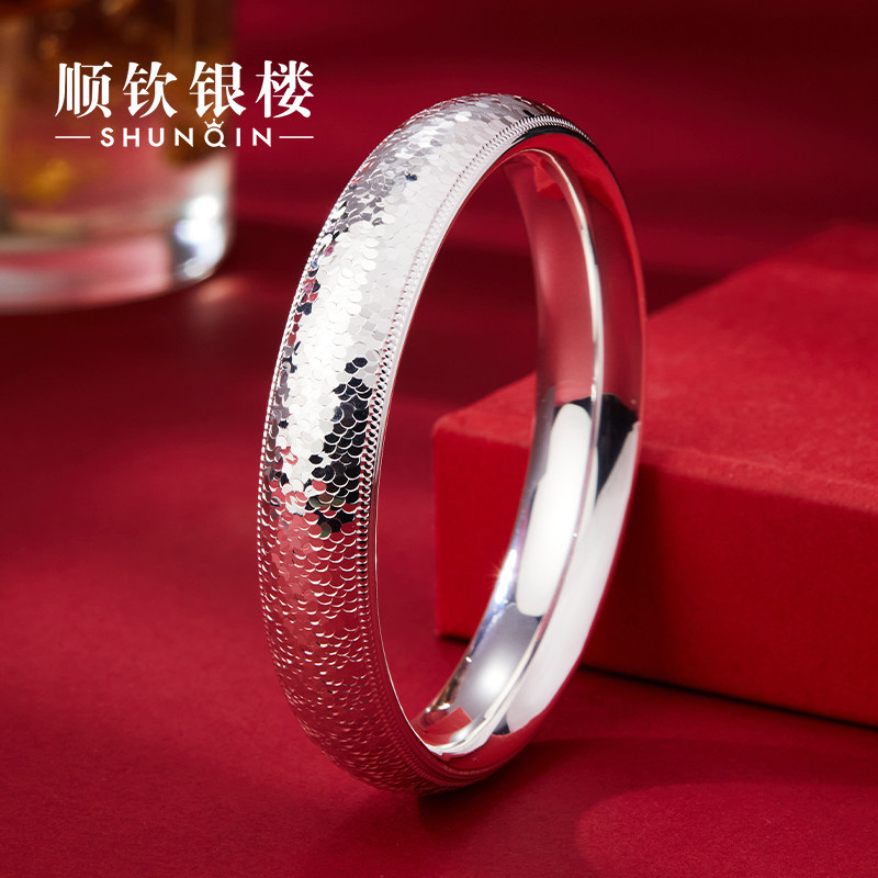 顺钦银楼足银9999碎冰冰轮胎手镯女款纯银轮胎镯送女友礼物