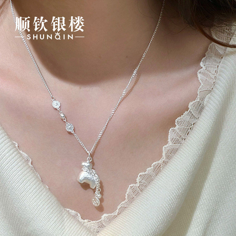 足银9999马上有钱项链女小马吊坠