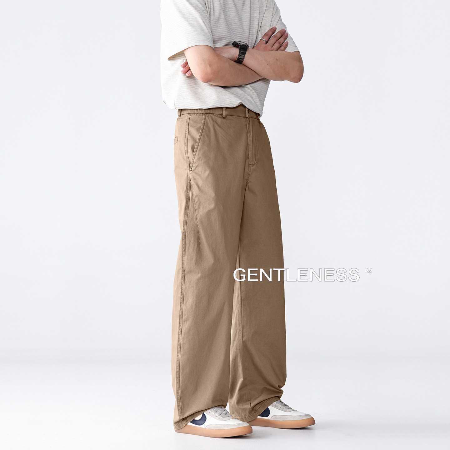 GLS休闲裤男夏薄款直筒宽松型纯棉无弹商务卡其色通勤上班长裤