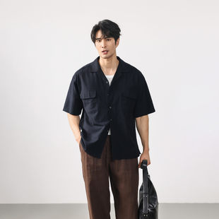 松弛通勤老钱风衬衣 开衫 Gentleness宝蓝色亚麻衬衫 天丝透气薄款