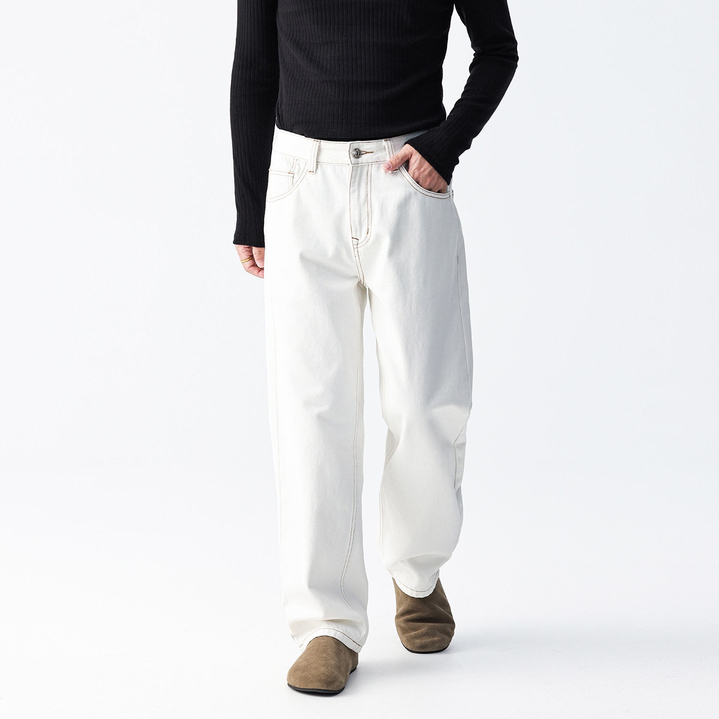 Gentleness轻奢宽松直筒休闲垂感白色全棉秋冬常规三本针牛仔长裤