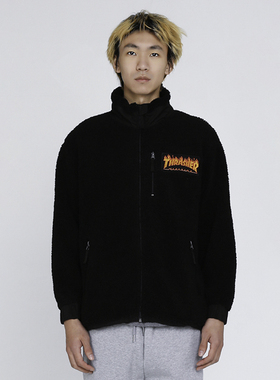 超限定！Thrasher火焰刺绣羊羔绒情侣棉服宽松加绒羔羊毛夹克外套