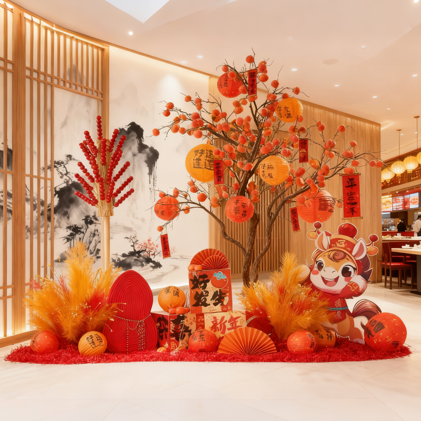 新中式仿真柿子树新年橱窗摆件